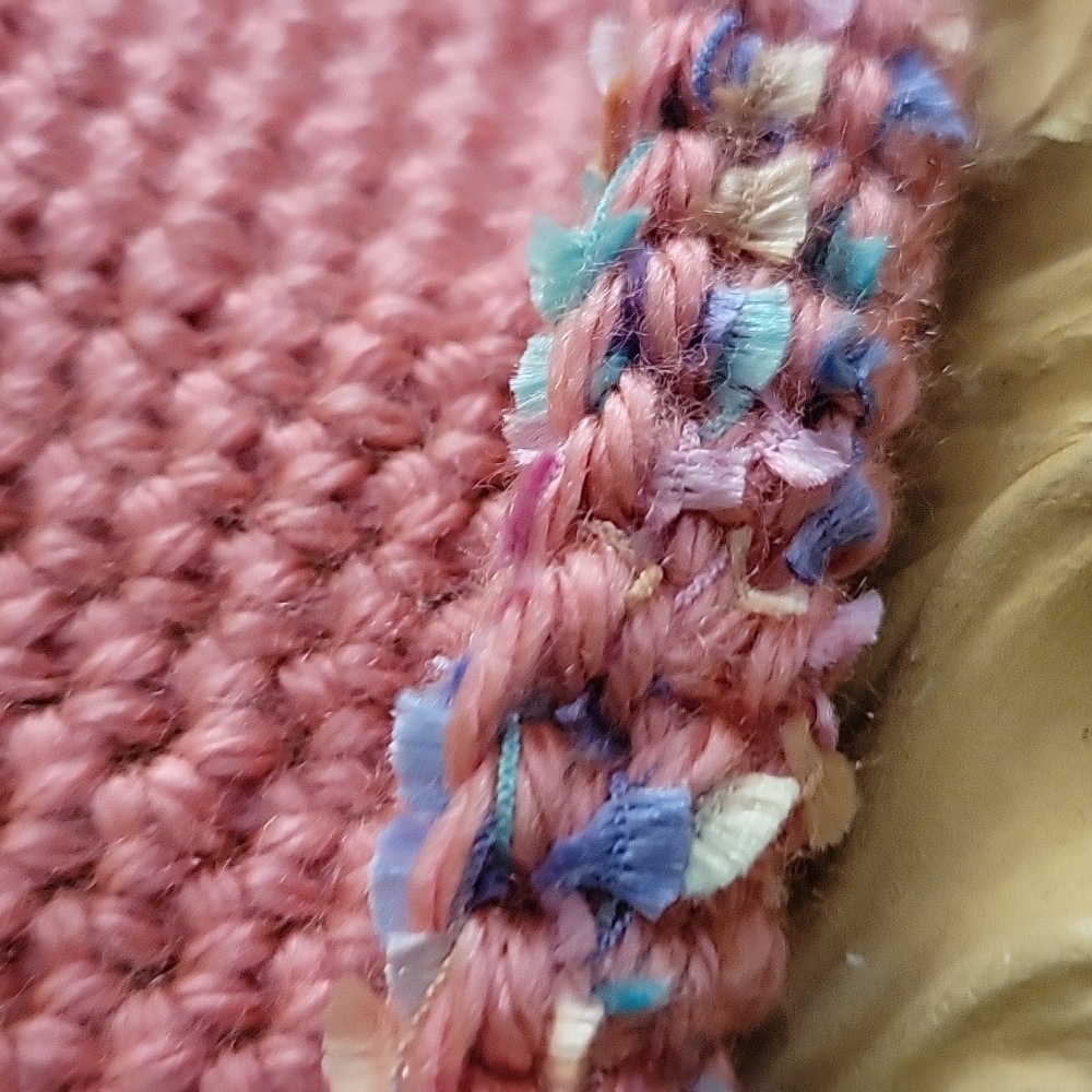 HAND CRAFTED hat with brim HANDMADE pink multi-colored eyelash yarn trim crochet - Picture 5 of 5